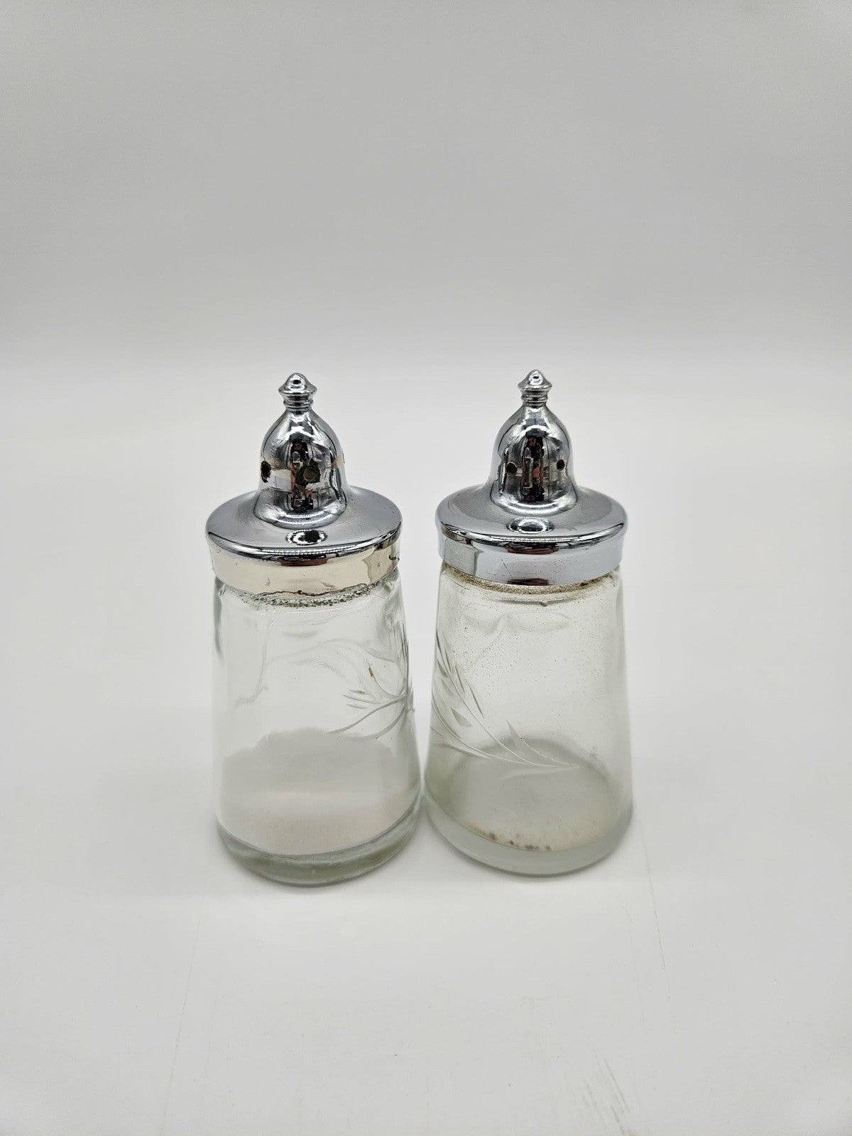 Vintage Glass Salt & Pepper Shakers with Chrome Lids