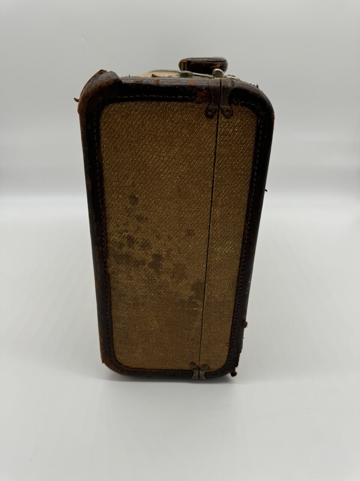 Vintage 1930-40s  Striped Suitcase By Crown W/Leather Trim