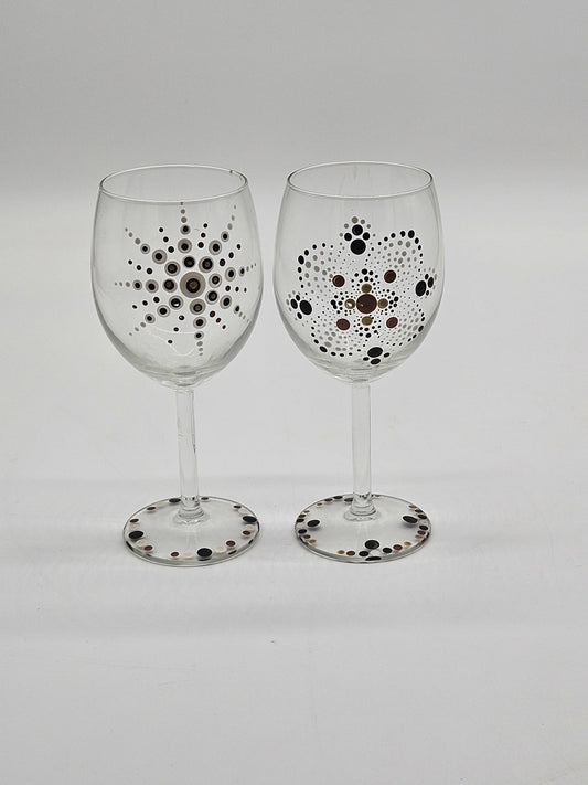 Set of 2 Hand Painted Dot Art Wine Glasses Boho Mandala