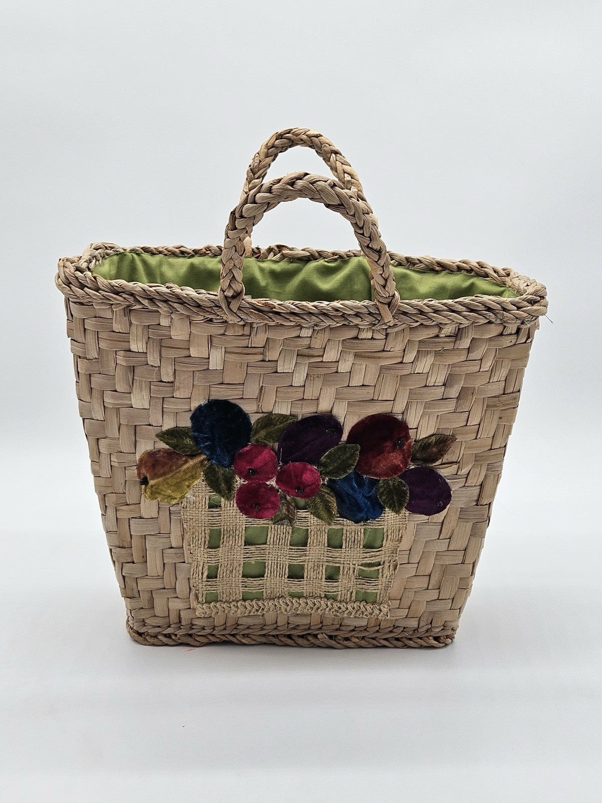 Vintage Large Woven Wicker Purse/Tote/Beach Bag W/ Floral Stitching