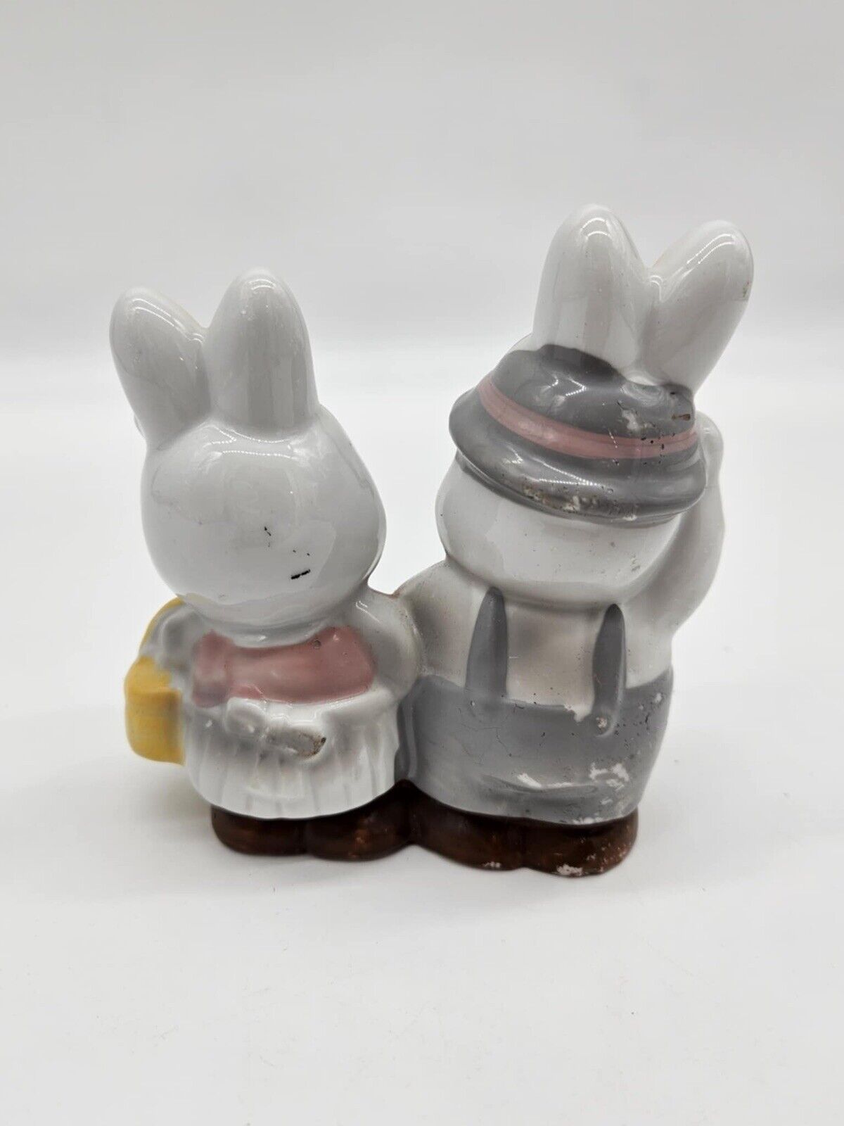 Vintage Figurine Bunny Rabbit Couple Pink Grey Hat Bow Basket Made in China GOT