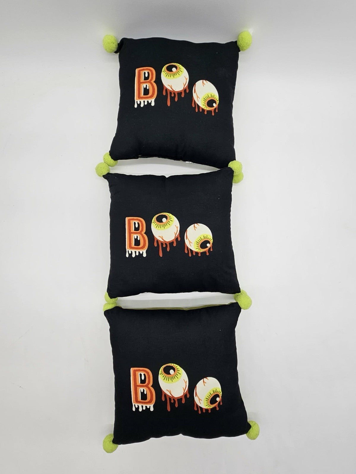 Set of 3 Halloween Boo Eyeball Throw Pillows Black Green Pom Pom