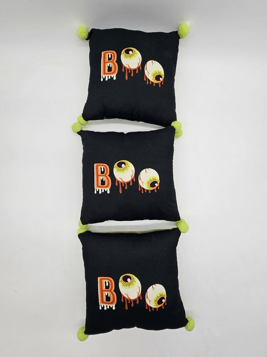 Set of 3 Halloween Boo Eyeball Throw Pillows Black Green Pom Pom
