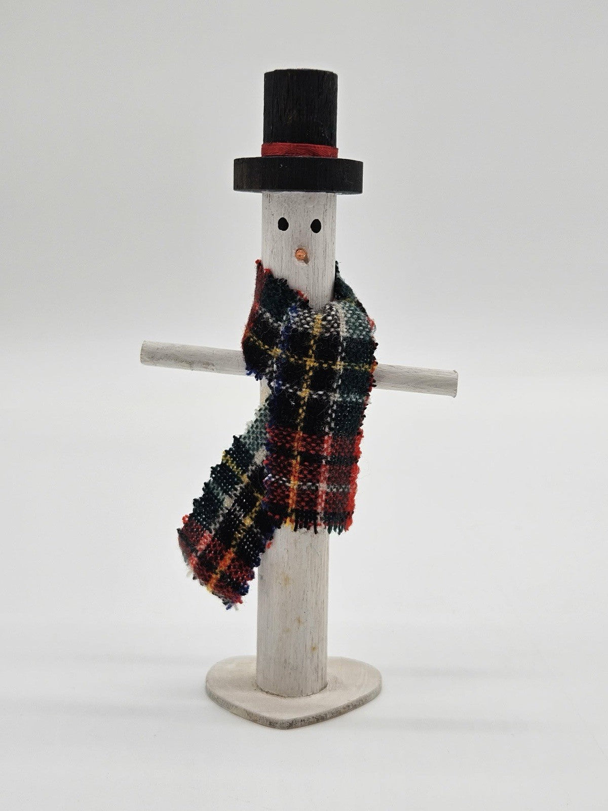 Wooden Snowman Figurine with Plaid Scarf Folk Art