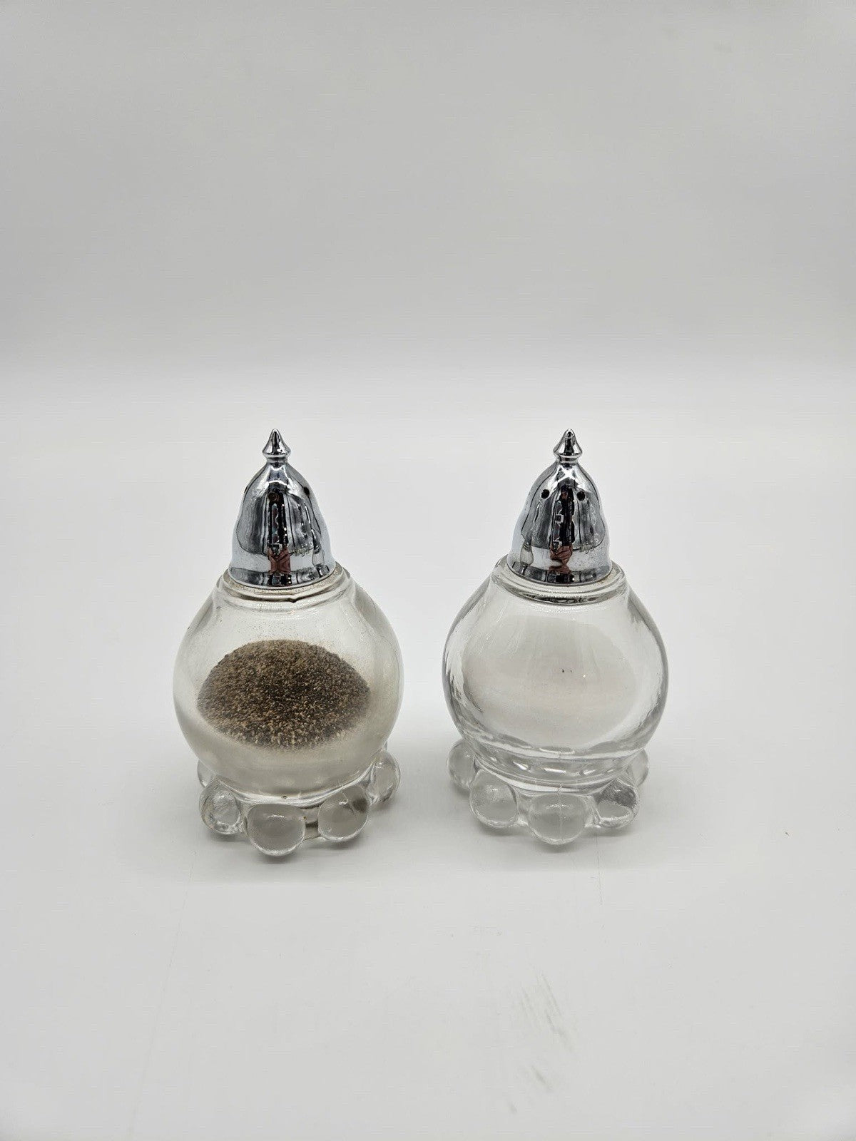Vintage Glass Salt & Pepper Shaker Set with Chrome Tops