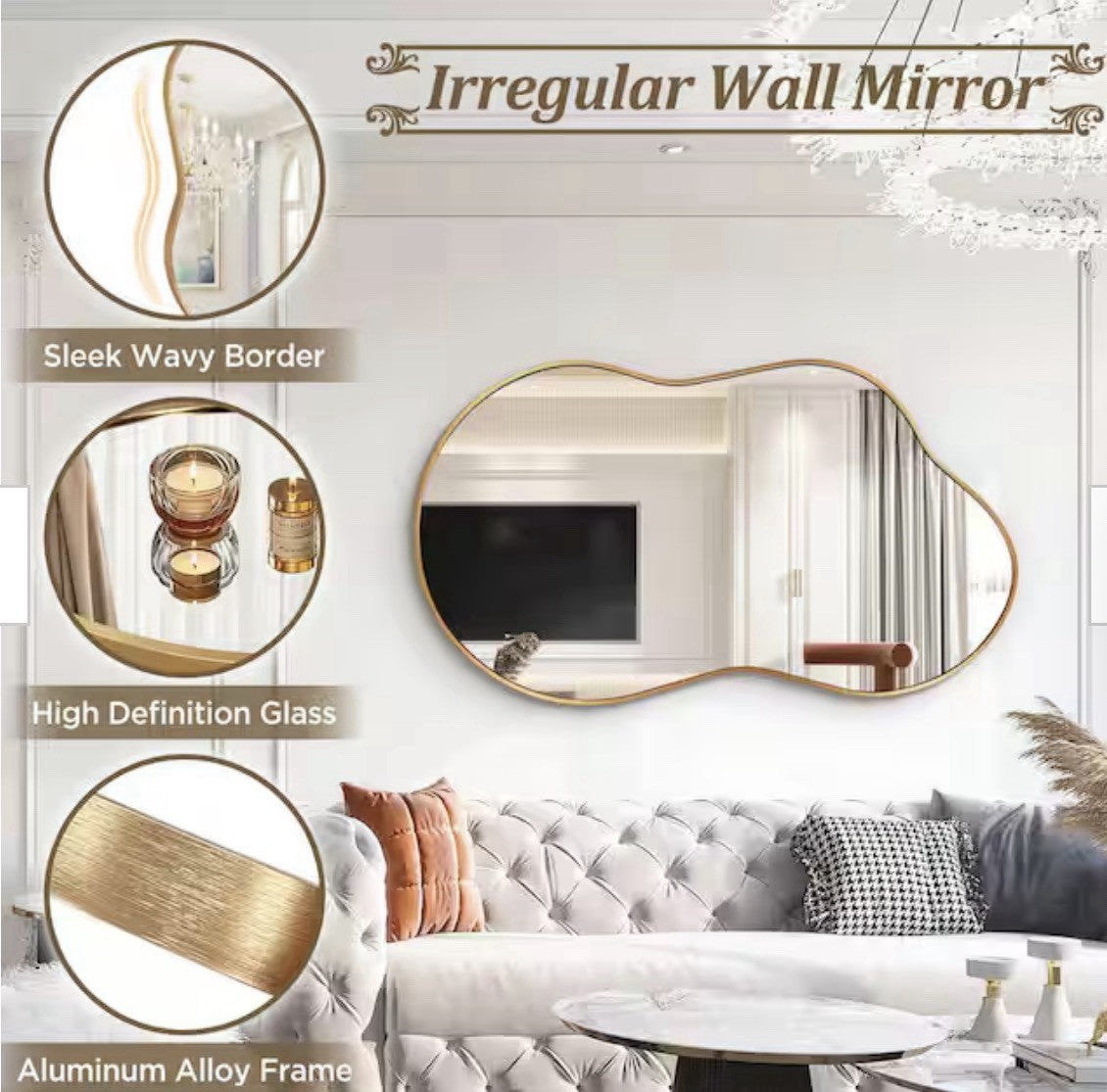 BROOJO Gold Irregular Wall Mirror 27.5" × 34.5" Modern Wavy Accent Mirror