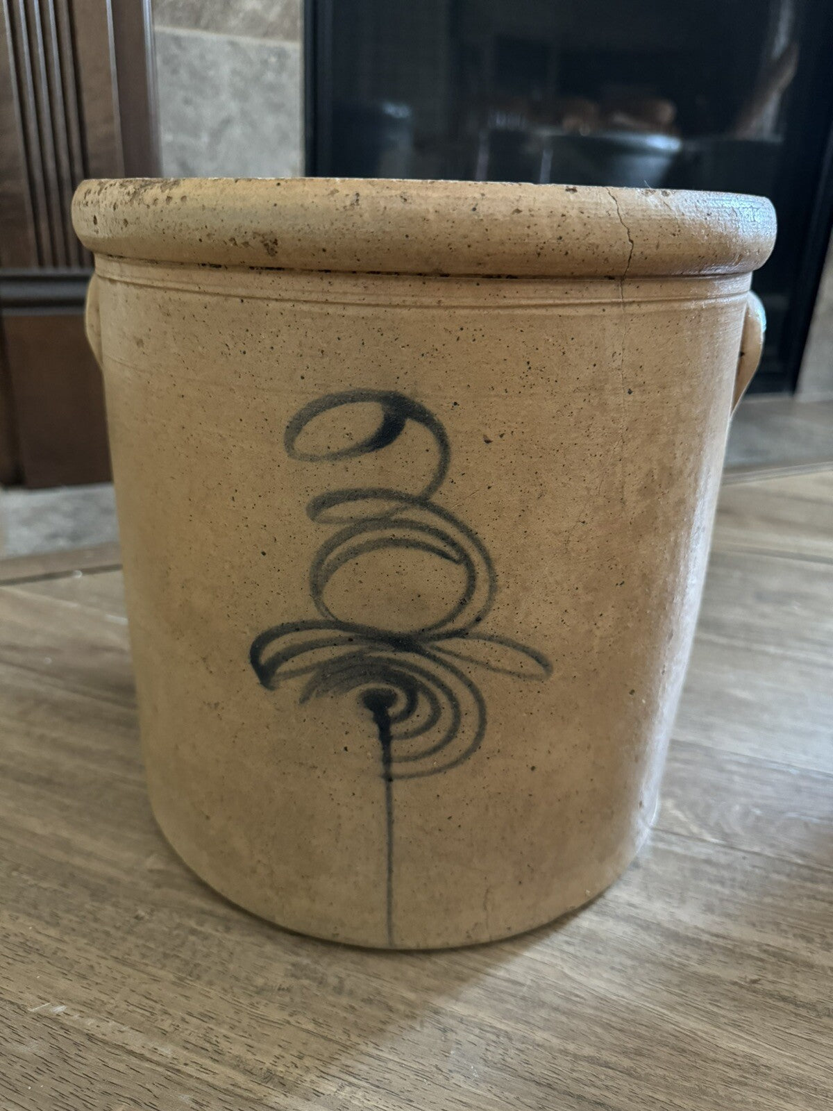 Antique Stoneware Crock Cobalt Blue "Lazy Eight Target" Design Dual Handle 3 Gal