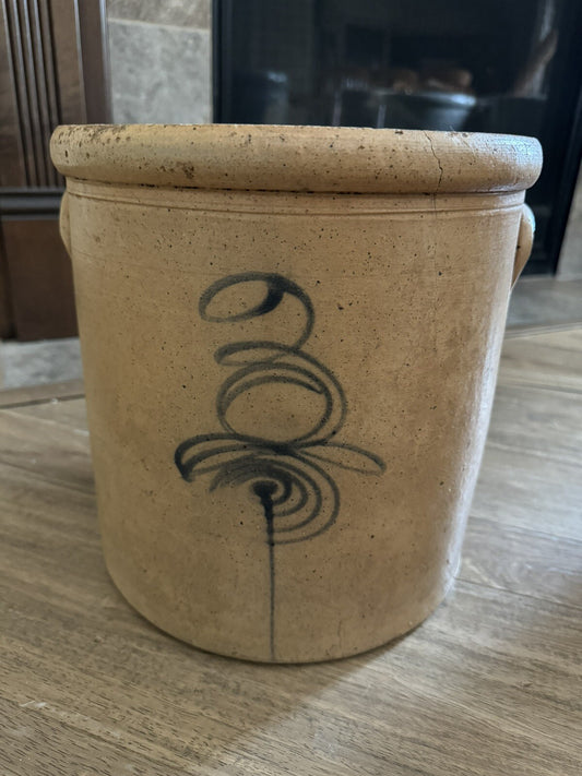 Antique Stoneware Crock Cobalt Blue "Lazy Eight Target" Design Dual Handle 3 Gal