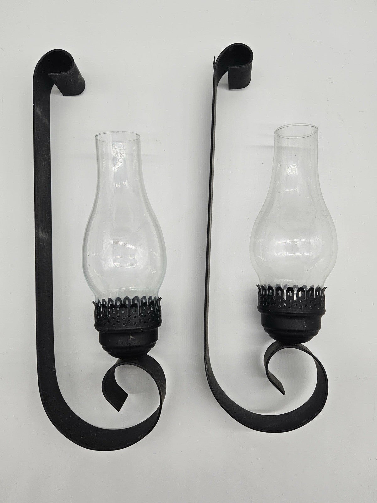 Vintage Wrought Iron Large Candle Holders With Glass Hurricane Shades Set 2