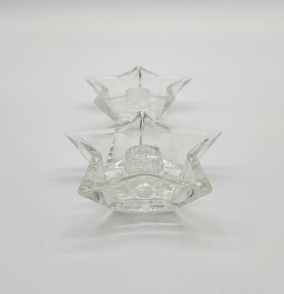 Hazel Atlas Clear Glass Star Candle Holders Vintage Starburst Bottom Set Of 2