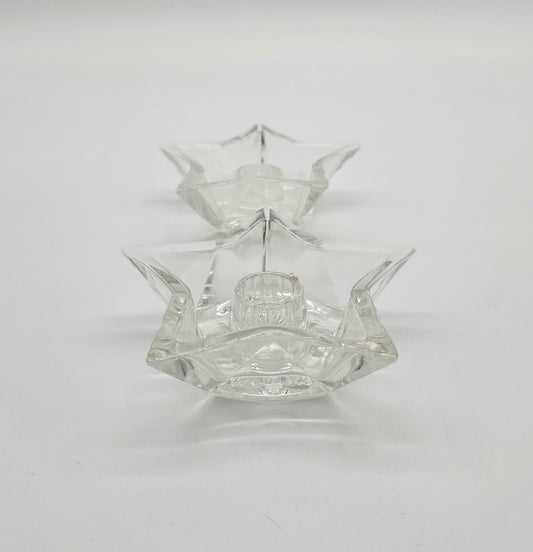 Hazel Atlas Clear Glass Star Candle Holders Vintage Starburst Bottom Set Of 2