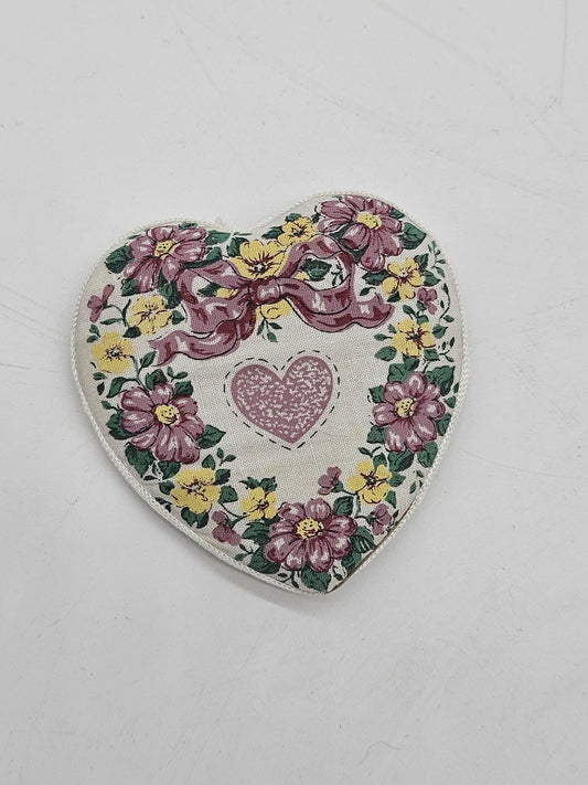 Vintage Heart Shaped Fabric Floral Bow Cottagecore Magnet