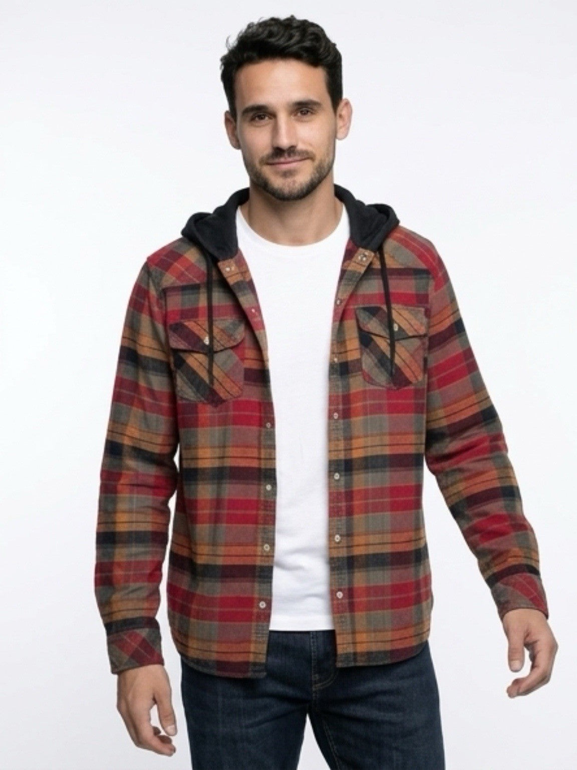 Legendary Whitetails Hooded Flannel Shirt Jacket Plaid Red Brown Mens M