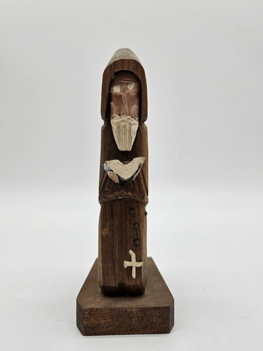 Vintage Hand Carved Wooden Monk Priest Praying Bible Folk Art Mexico