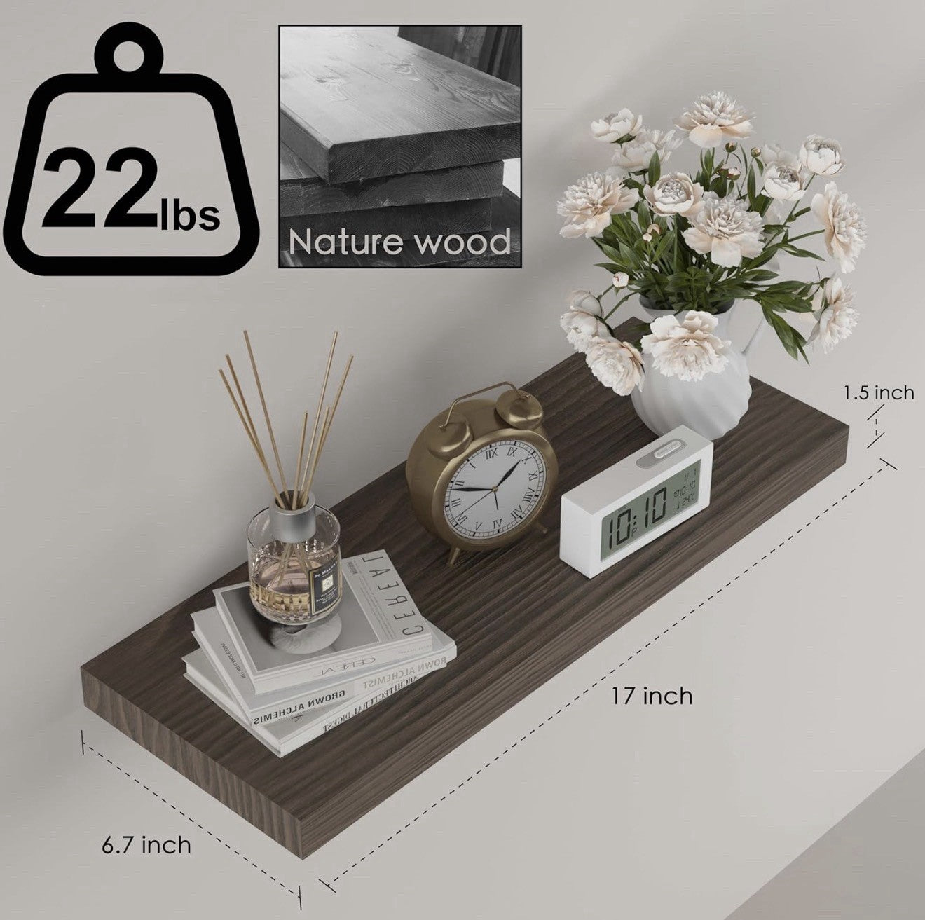 Floating Shelves for Wall- 17 Inch Natural Wood Shelves for 17" Rustic Brown