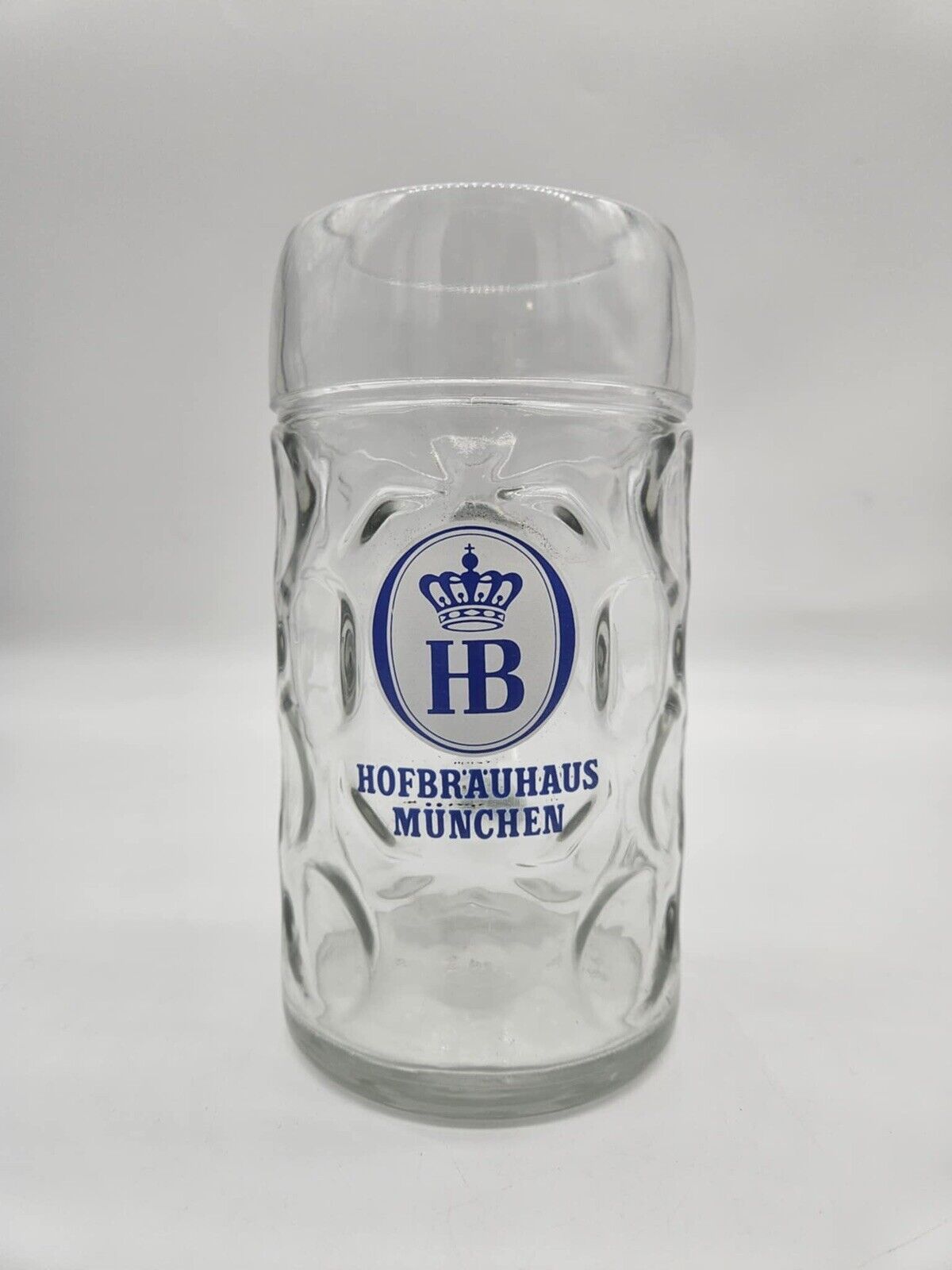 Hofbrauhaus Munchen White Label Dimpled Beer Bier Glass Mug Stein 1 Liter