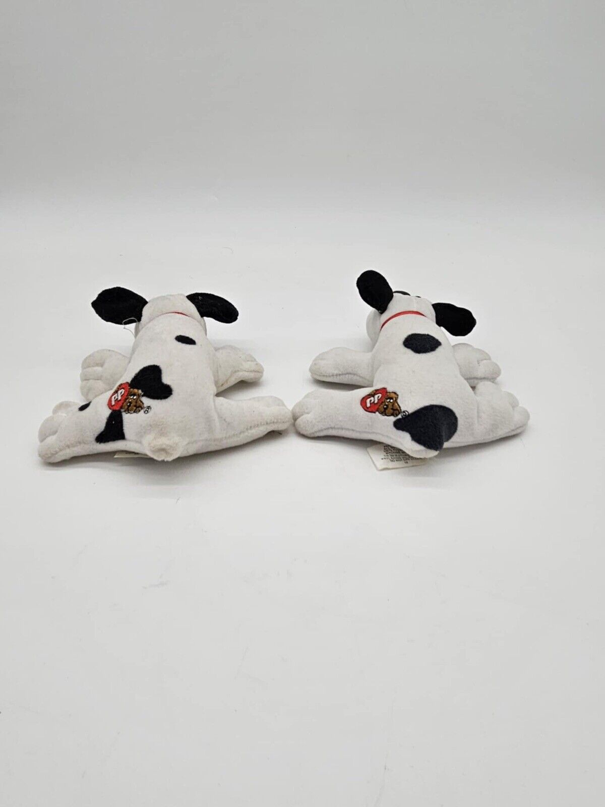 Set of 2 Vintage Tonka Pound Puppies Plush 7” WHITE/BLACK SPOTS Red Collar 1980s