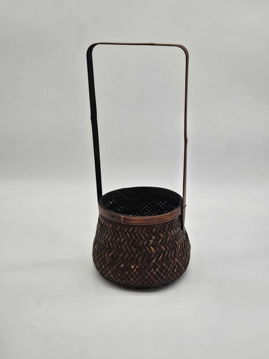Vintage Asian Style Woven Bamboo Basket w Tall Handle Decor