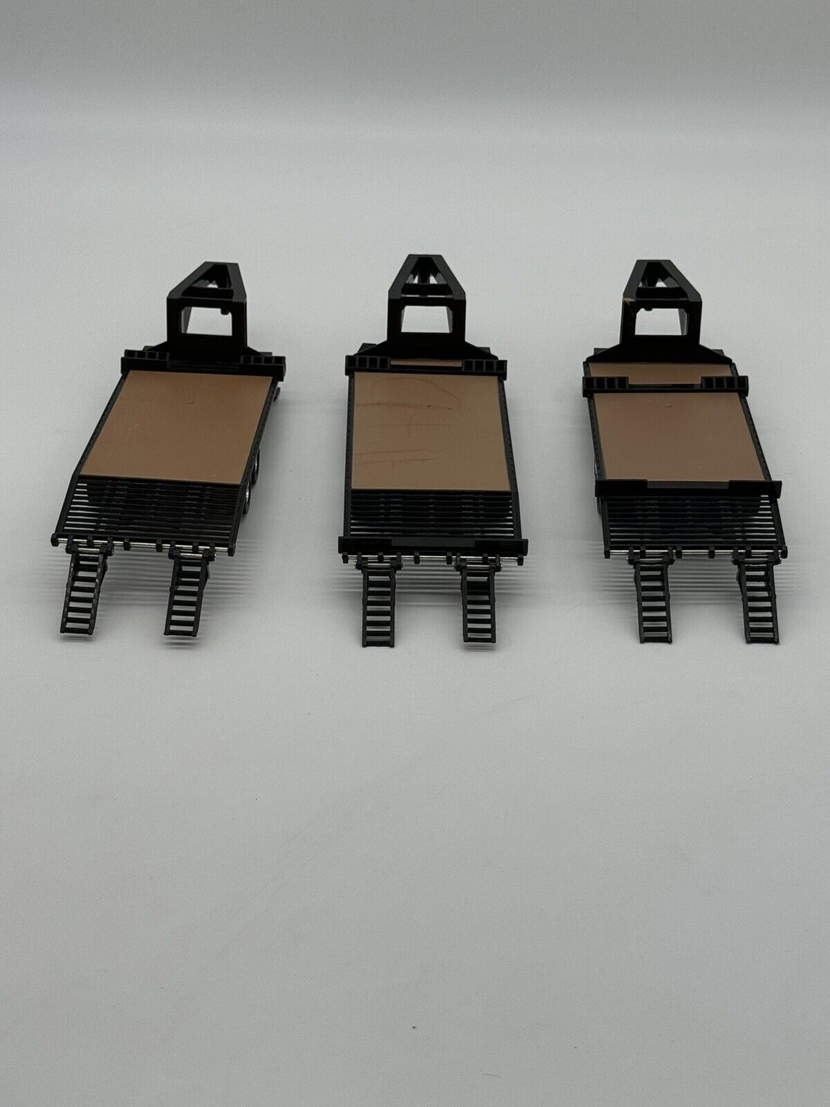 Lot Of 3 Tomy/Ertl Toys 11” Plastic Skid Steer Flatbed Gooseneck Trailer W/Ramps