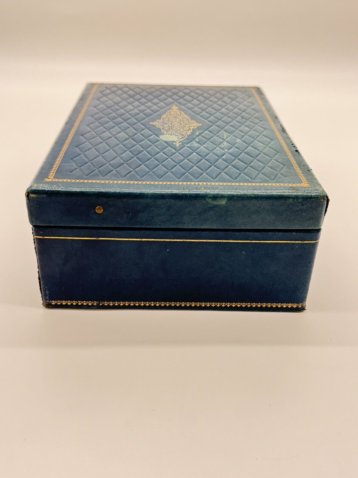 Blue Vintage Jewelry Box - Brass Latch - Leatherette Exterior - Velvet Interior