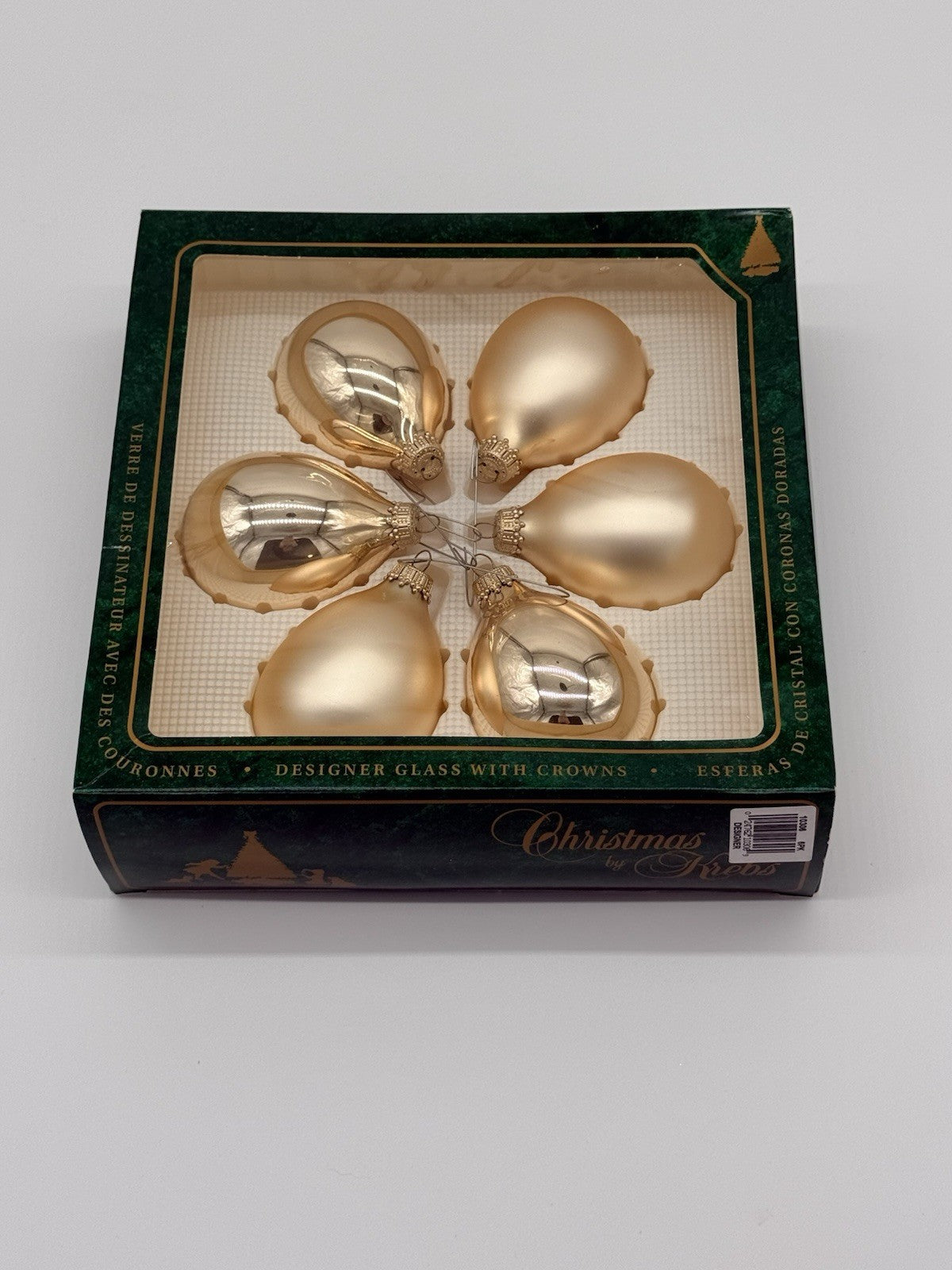 Vintage Christmas by Krebs Gold Teardrop Crown Glass Ornaments Set of 6