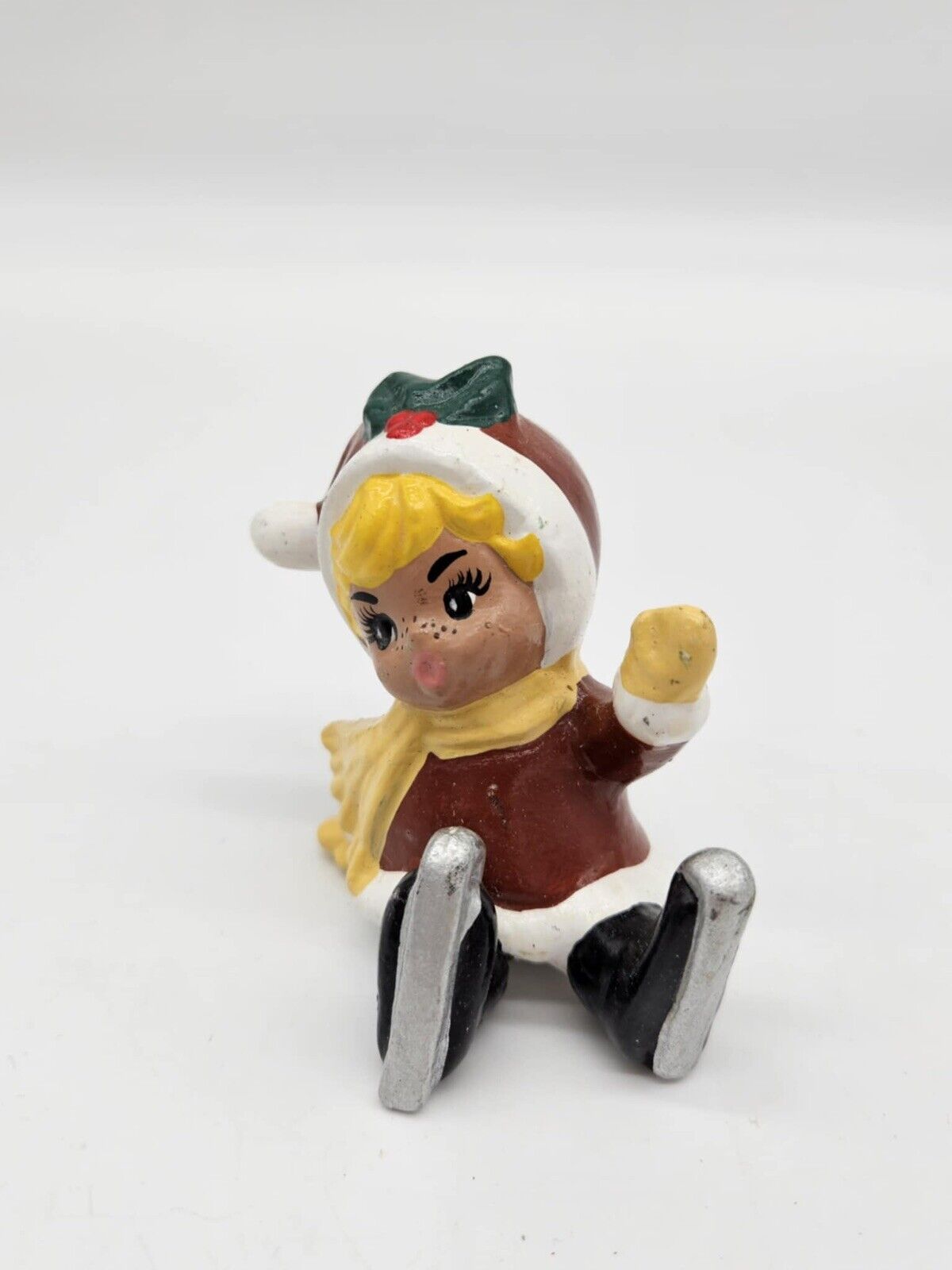 Vintage Christmas Ceramic Figurine Blond Girl W/ Freckles & Ice Skates Fallen