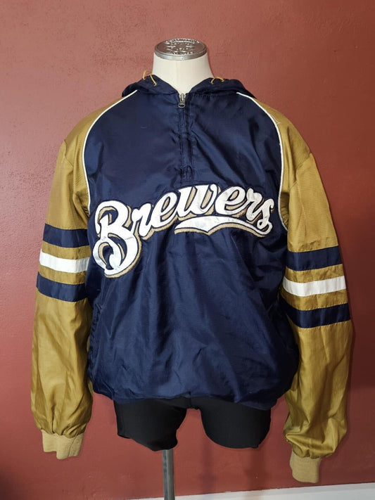 Vtg Milwaukee Brewers MLB Baseball Hooded 1/4 Zip Wind Breaker Style Mens M