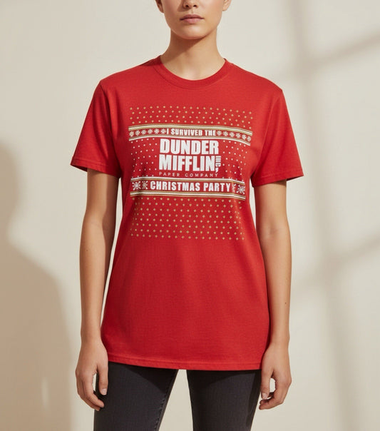 The Office Dunder Mifflin Christmas Party Graphic T-Shirt Red Womens Small