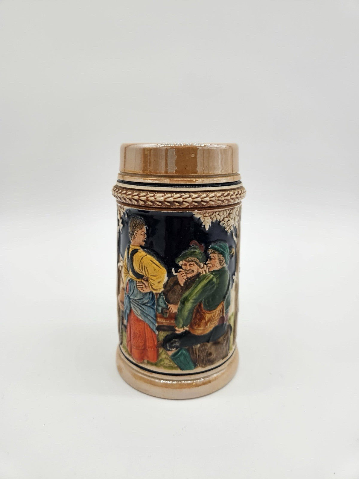 Western Germany Beer Stein 7"Luster German Writing Raised Design Man Woman & Dog