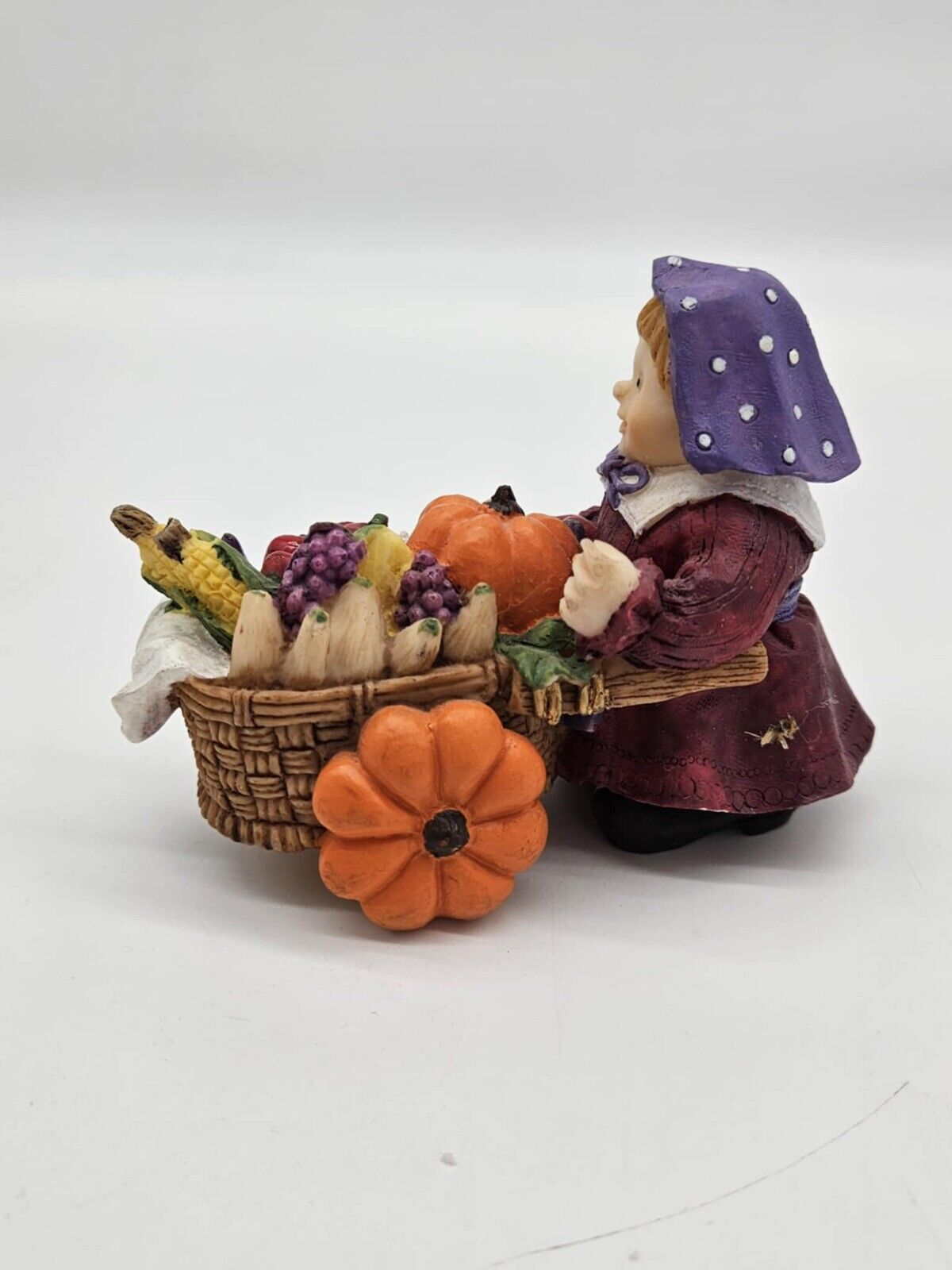 Thanksgiving Autumn Pilgrim Figurine Woman Pushing Pumpkin Cart Miniature