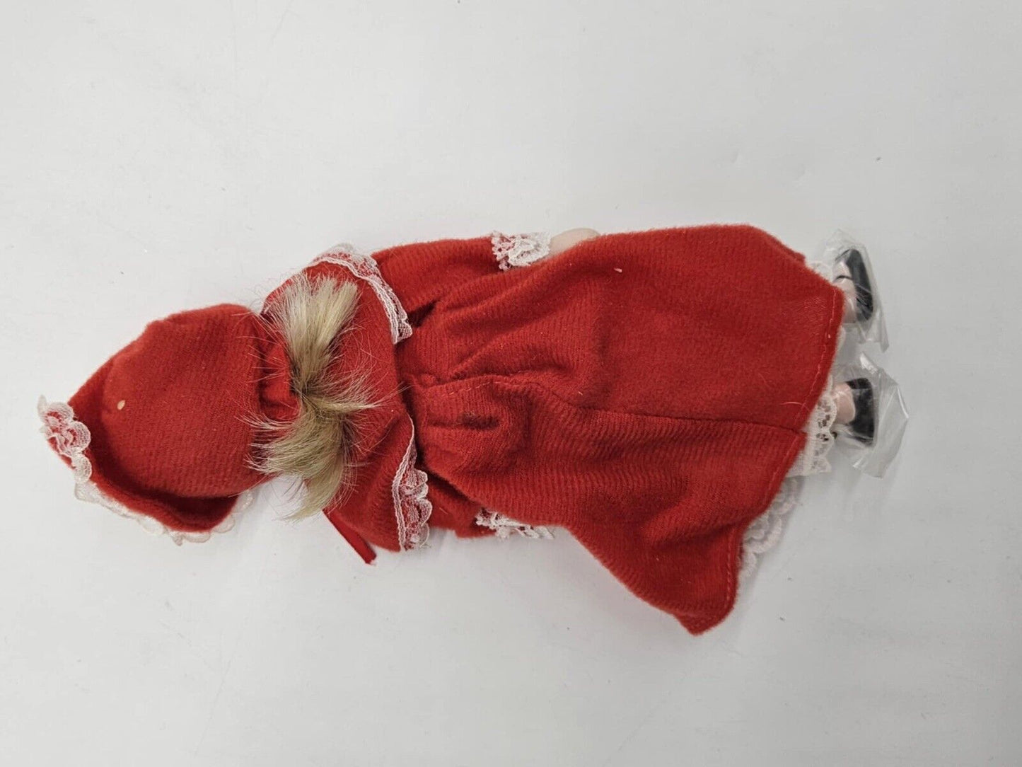 Bisque Porcelain 9" Doll Wearing Red Dress W/Shawl & Hat Black Painted On Shoes