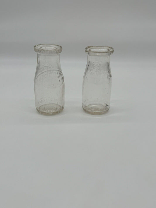 2 Vintage One Quart Glass Milk Bottles Embossed 3 Round