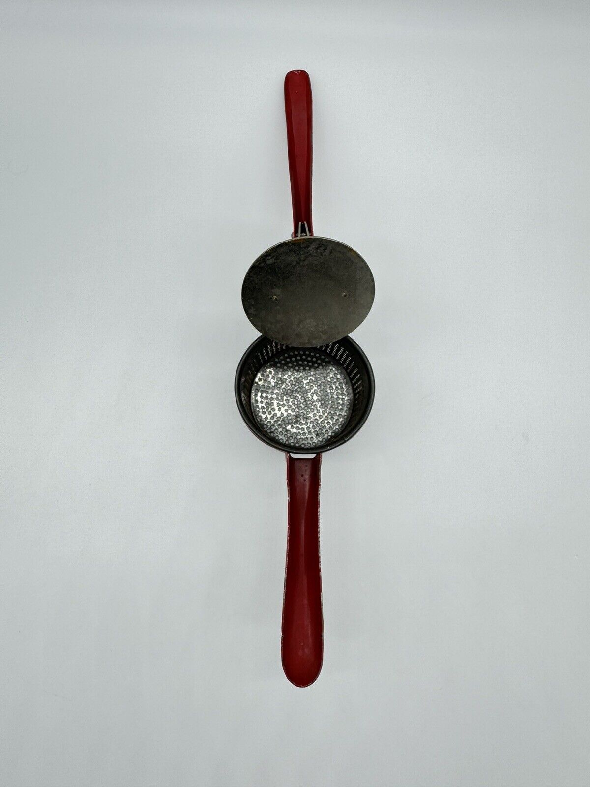 Vintage 1950's Metal Potato Ricer With Red Handle & Frame Masher Strainer