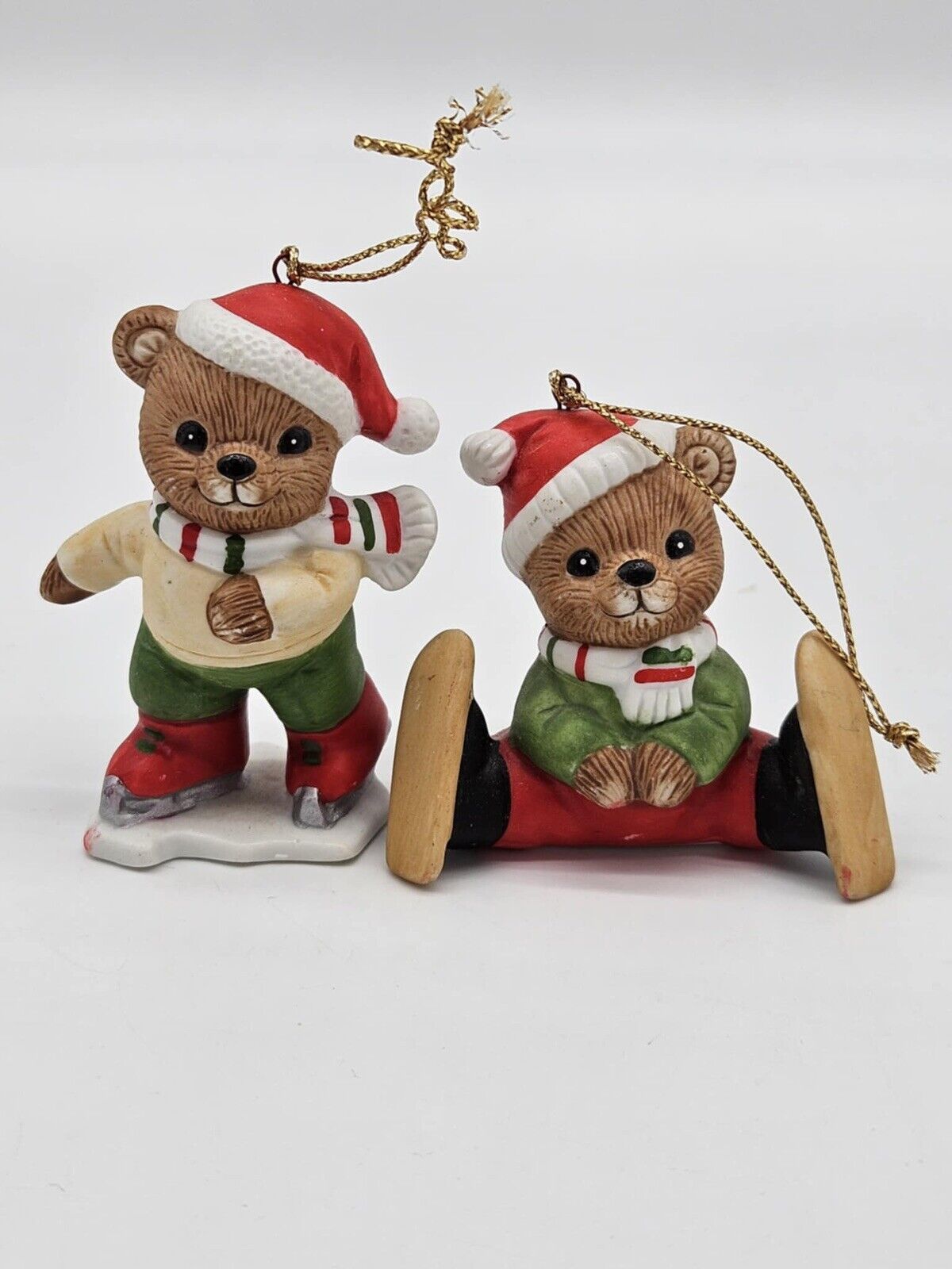 Vintage Pair Homco Bear Christmas Ornaments Skater Skier 5513 Home Interiors