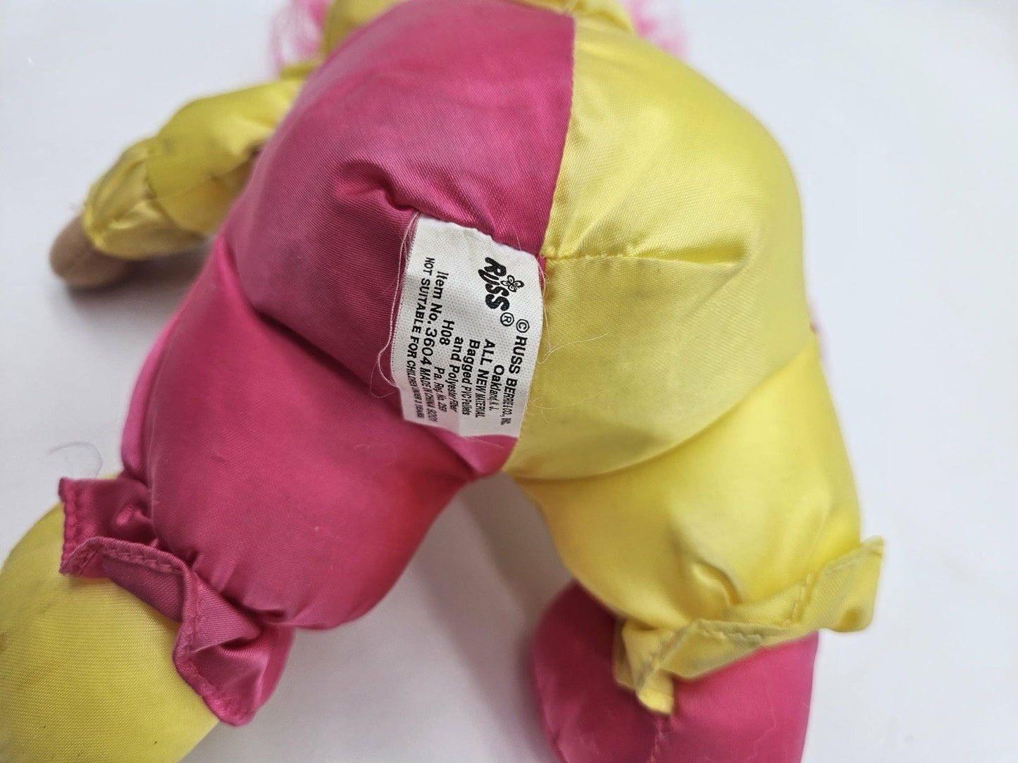 Russ Berrie Troll Doll Clown Jester Soft Body Pink Yellow Play-suit Pink Hair