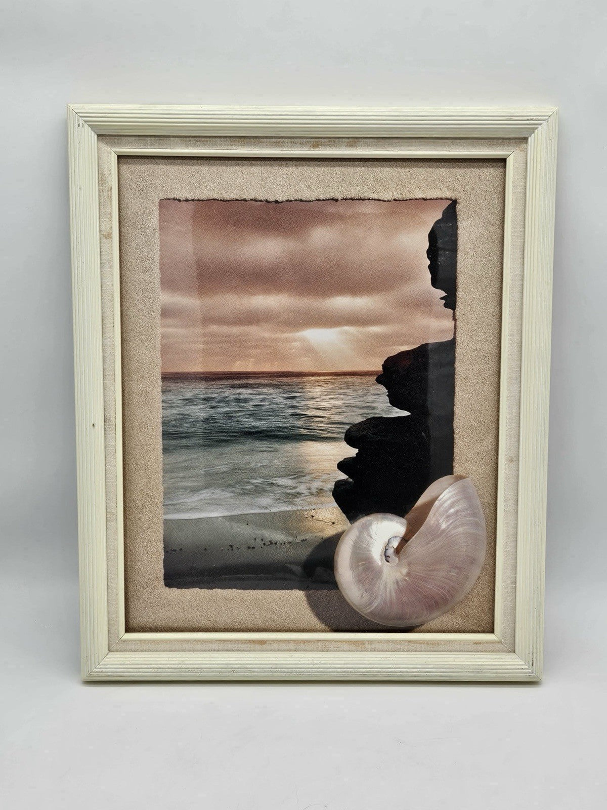 Coastal Beach Wall Art w Seashell Accent – Framed Print (16x20)