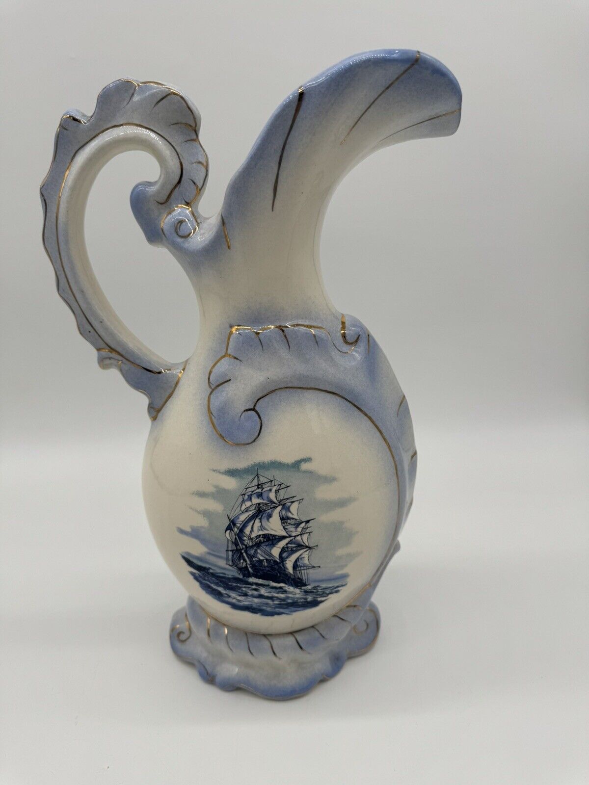 Pair of Vintage McCoy Pottery Pitchers Featuring Blue Nautical Design #73064