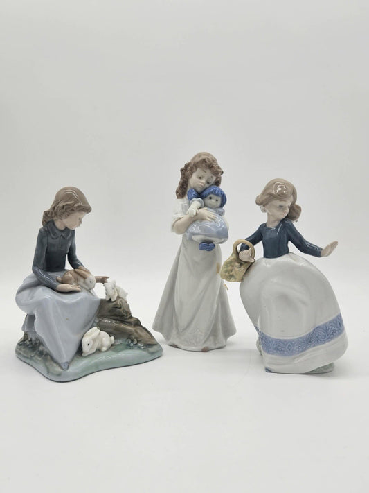 Lot of 3 NAO by Lladro Porcelain Girl Figurines Bunny Rabbit Doll Basket