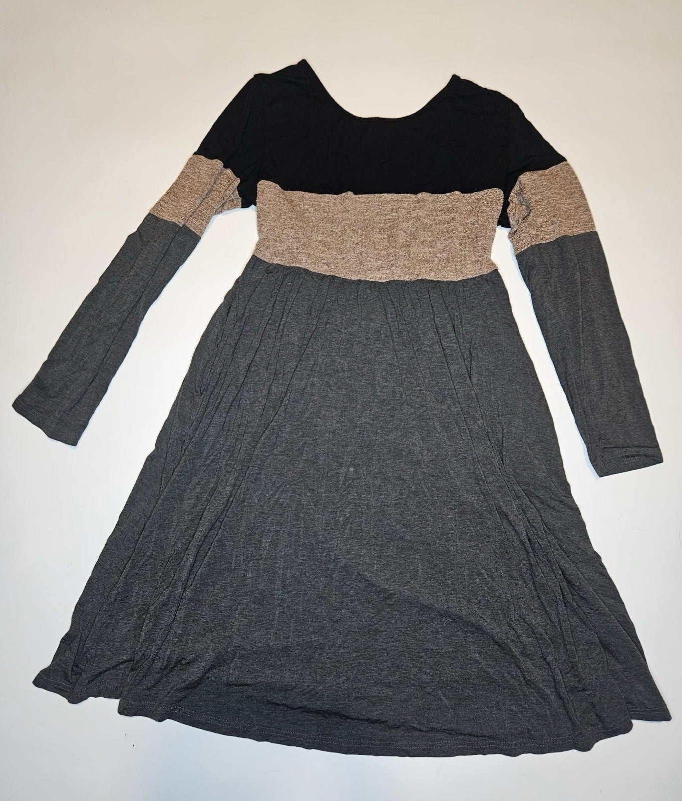 Beasland Women’s Colorblock Long Sleeve Knit Dress Black Gray Tan Size M