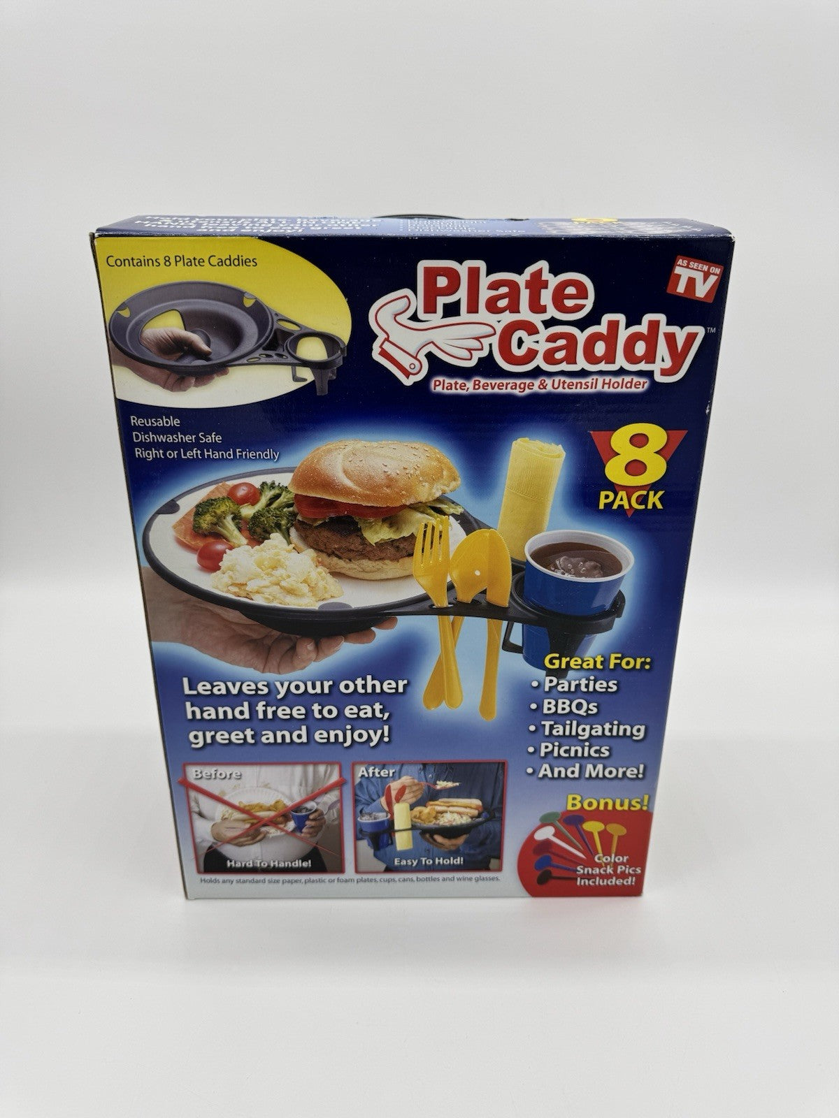 Plate Caddy As Seen on TV 8-Pack Plate Beverage Utensil Holder Color Snack Pics