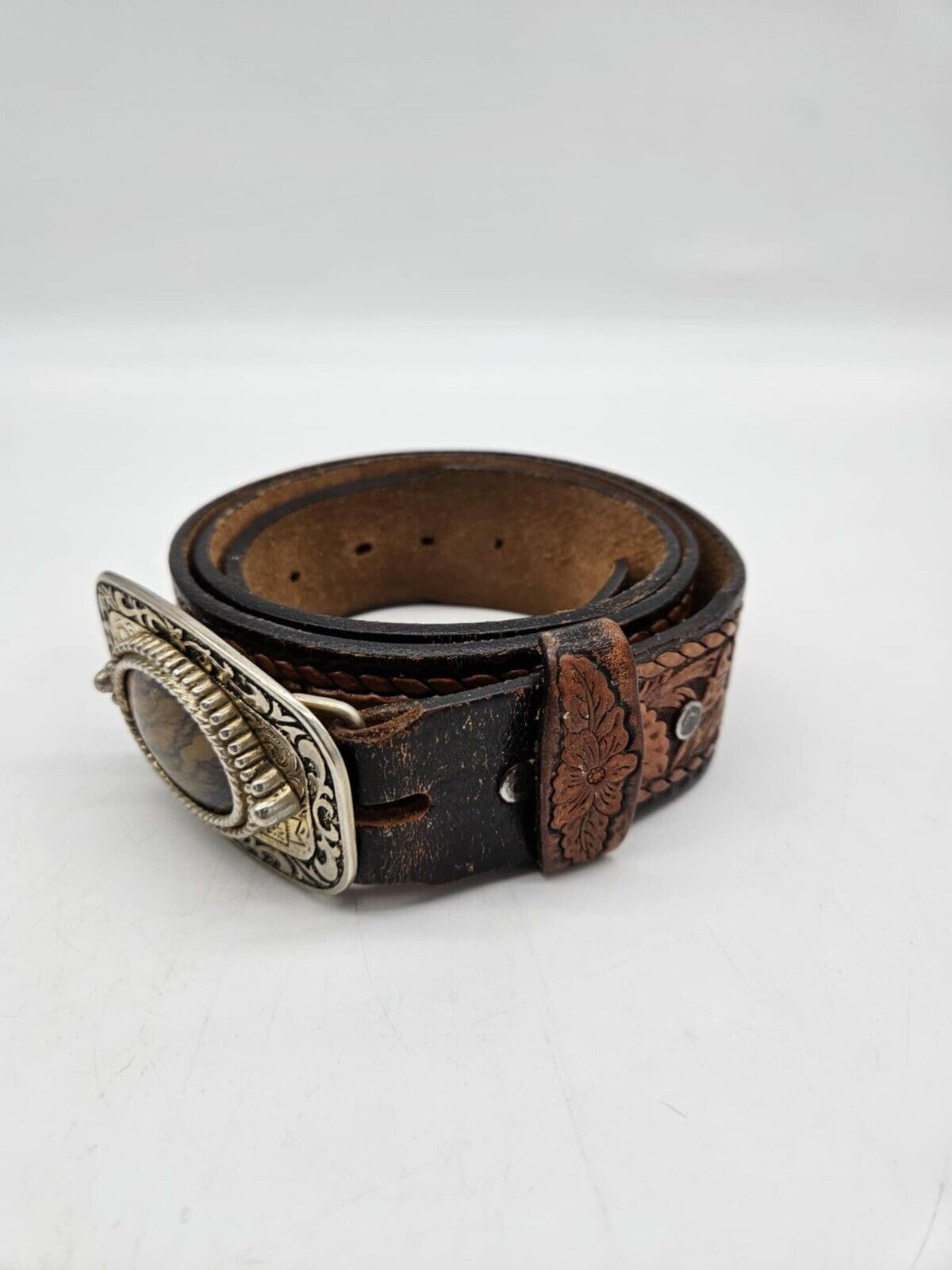 Vintage 1970s Classic Western Mounted Stone Belt Buckle + Tooled Leather Belt 38