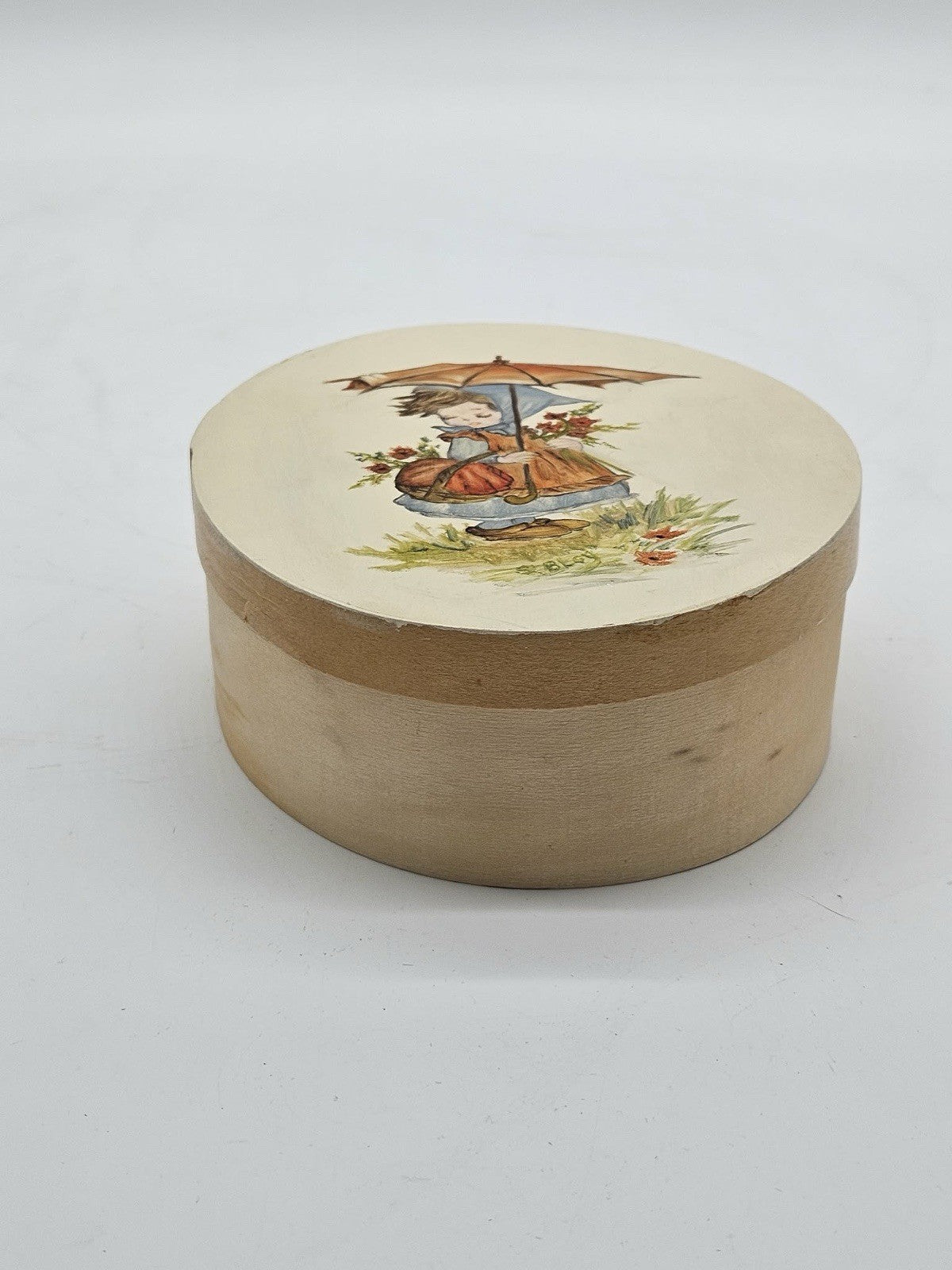 Vintage Wooden Oval Trinket Box Hand Painted Girl with Umbrella Lid