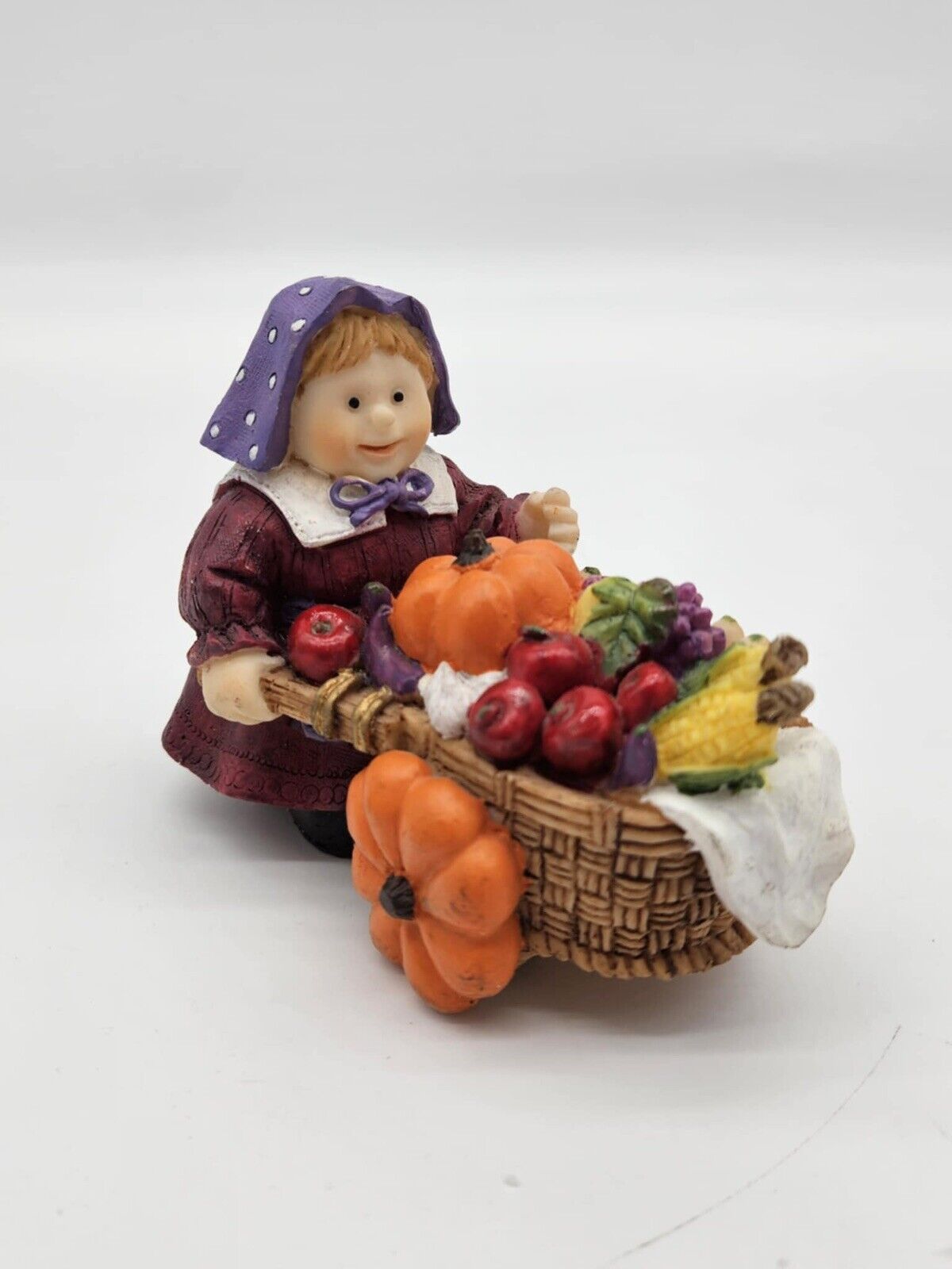 Thanksgiving Autumn Pilgrim Figurine Woman Pushing Pumpkin Cart Miniature