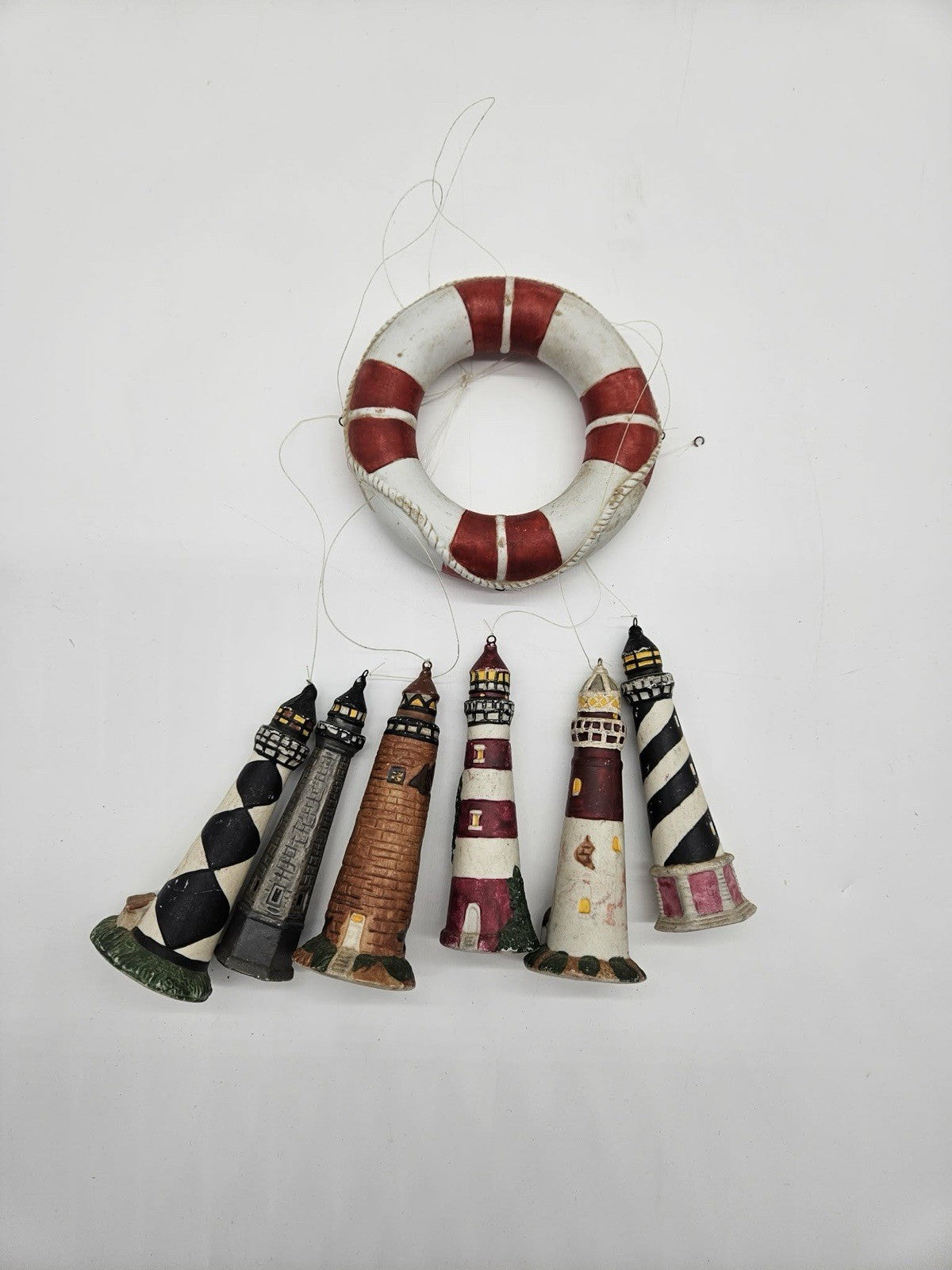 Nautical Lighthouse Hanging Mobile with Life Preserver Coastal Decor