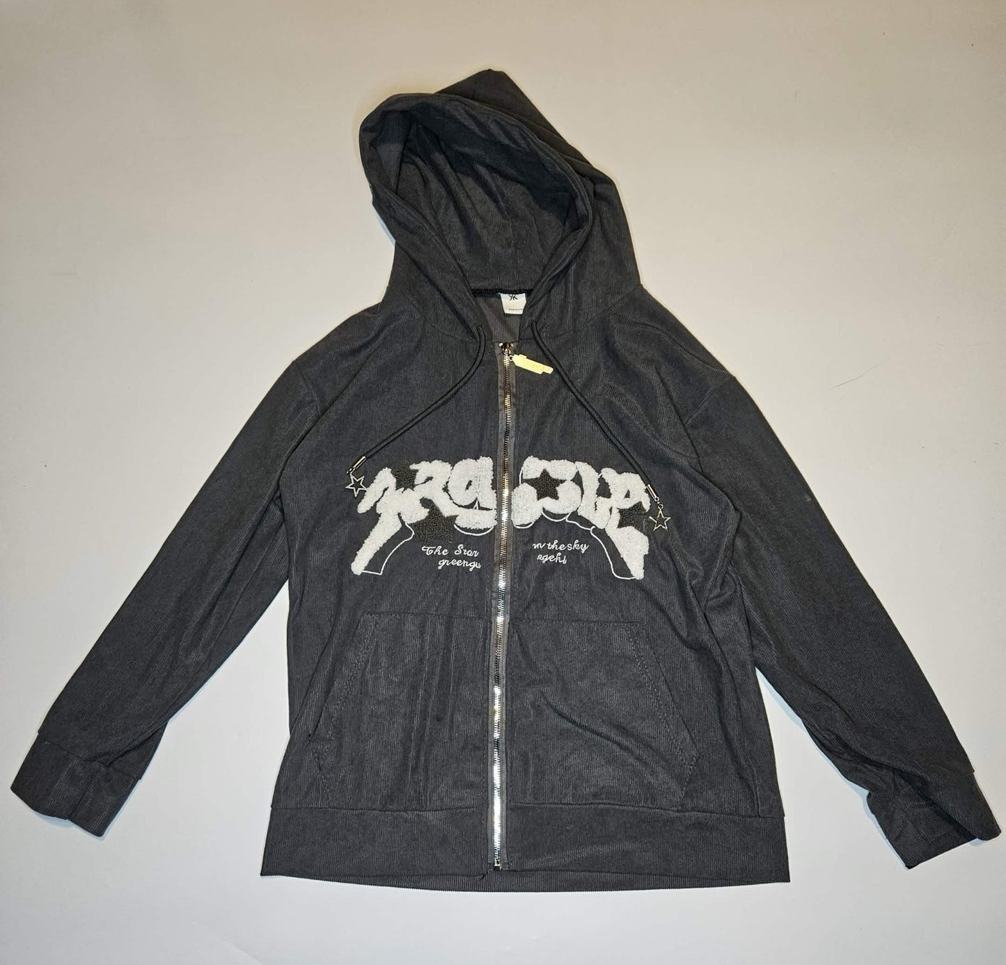 Gray Zip-Up Hoodie Embroidered Star Graphic Women’s Sz S