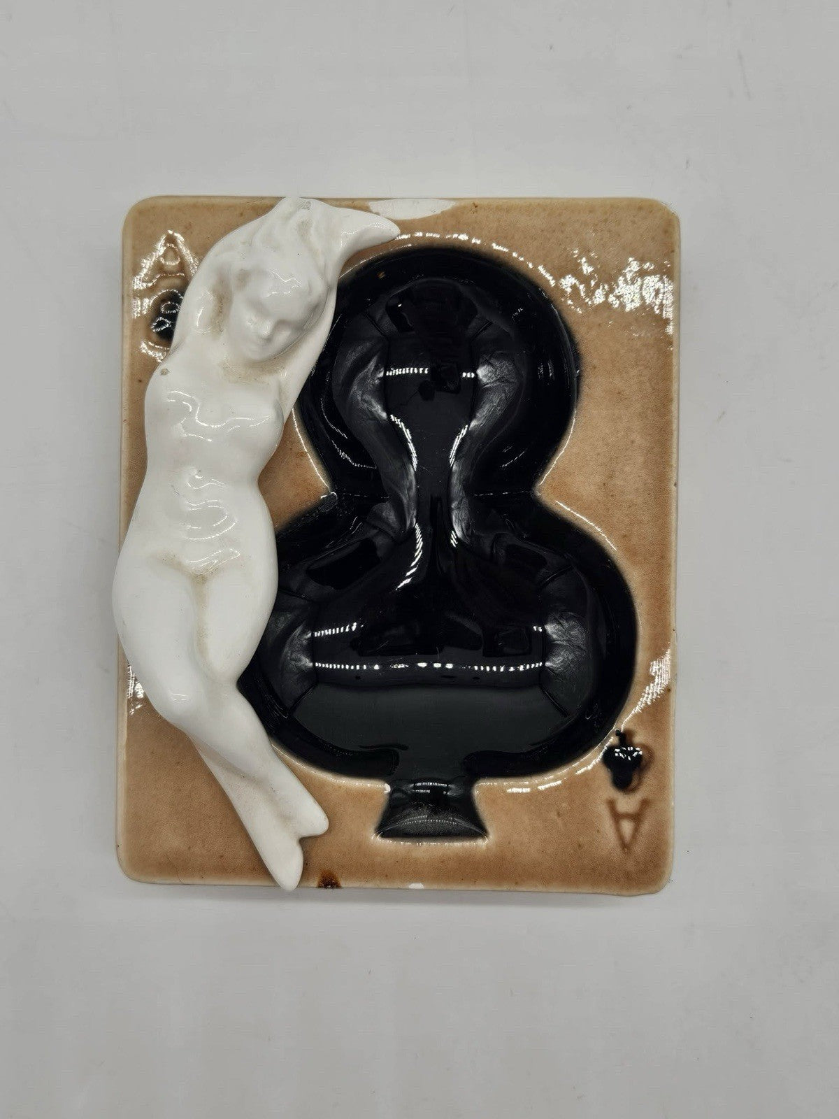 Vintage Risqué Nude Woman Ceramic Ashtray MCM Black Spade Dish