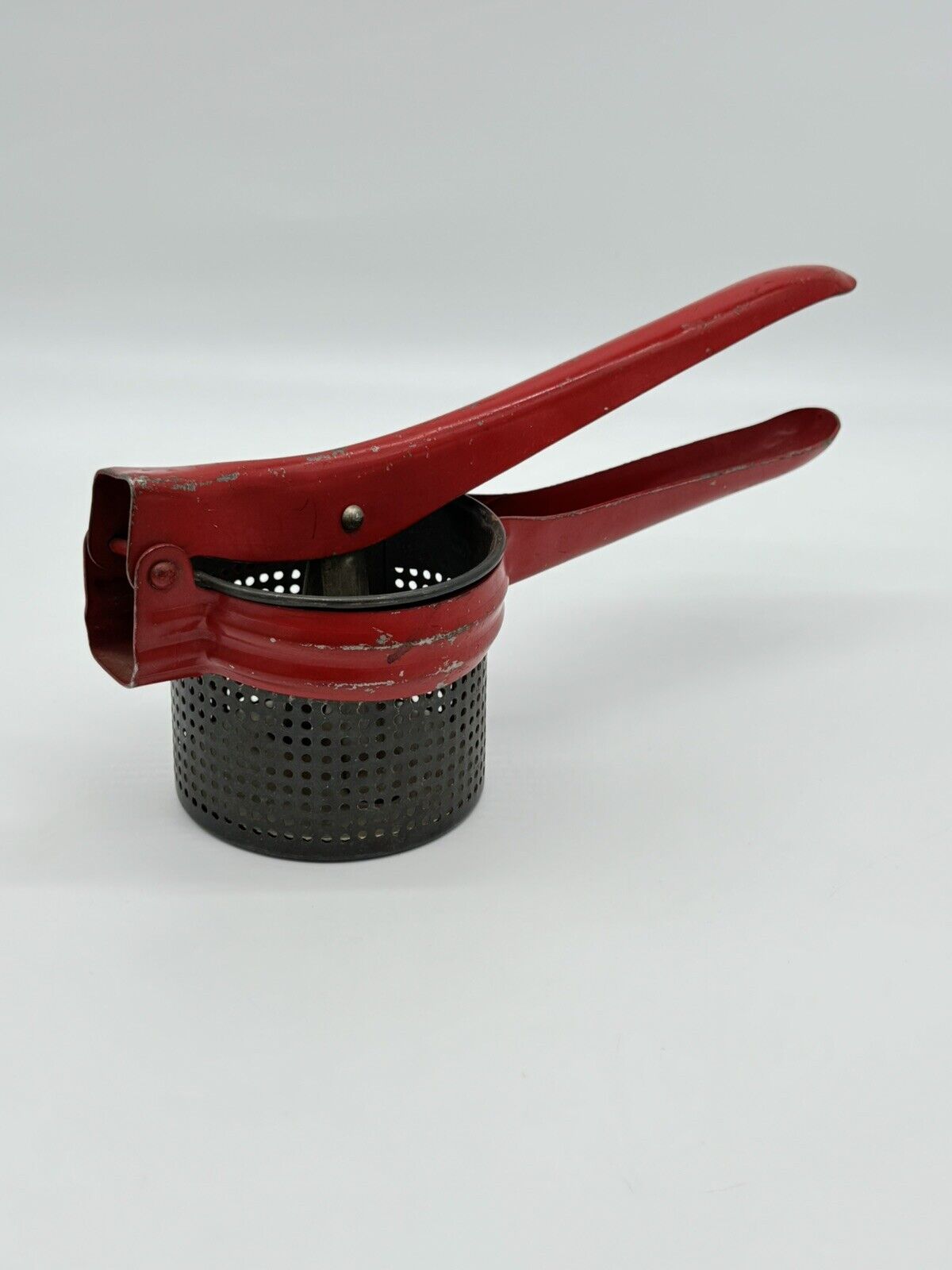 Vintage 1950's Metal Potato Ricer With Red Handle & Frame Masher Strainer