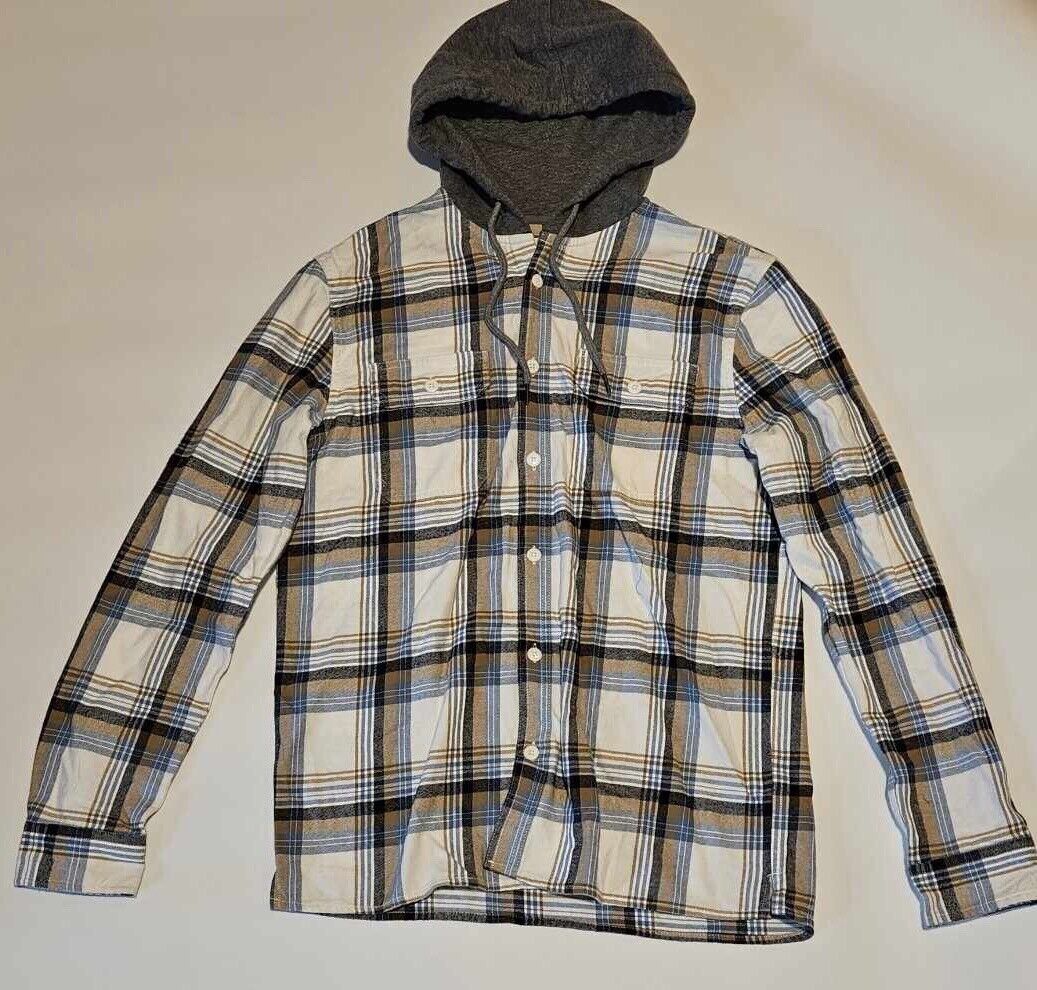Men's Aeropostale Plaid Brown/Grey Flannel Button Down Shirt Hoodie ~ Sz Small