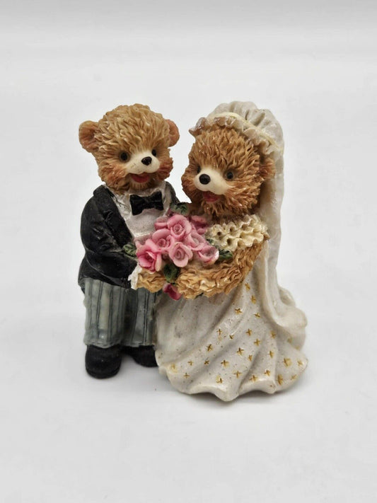 Vintage Happy Teddy Bears Wedding Topper Couple Cute Pink Roses