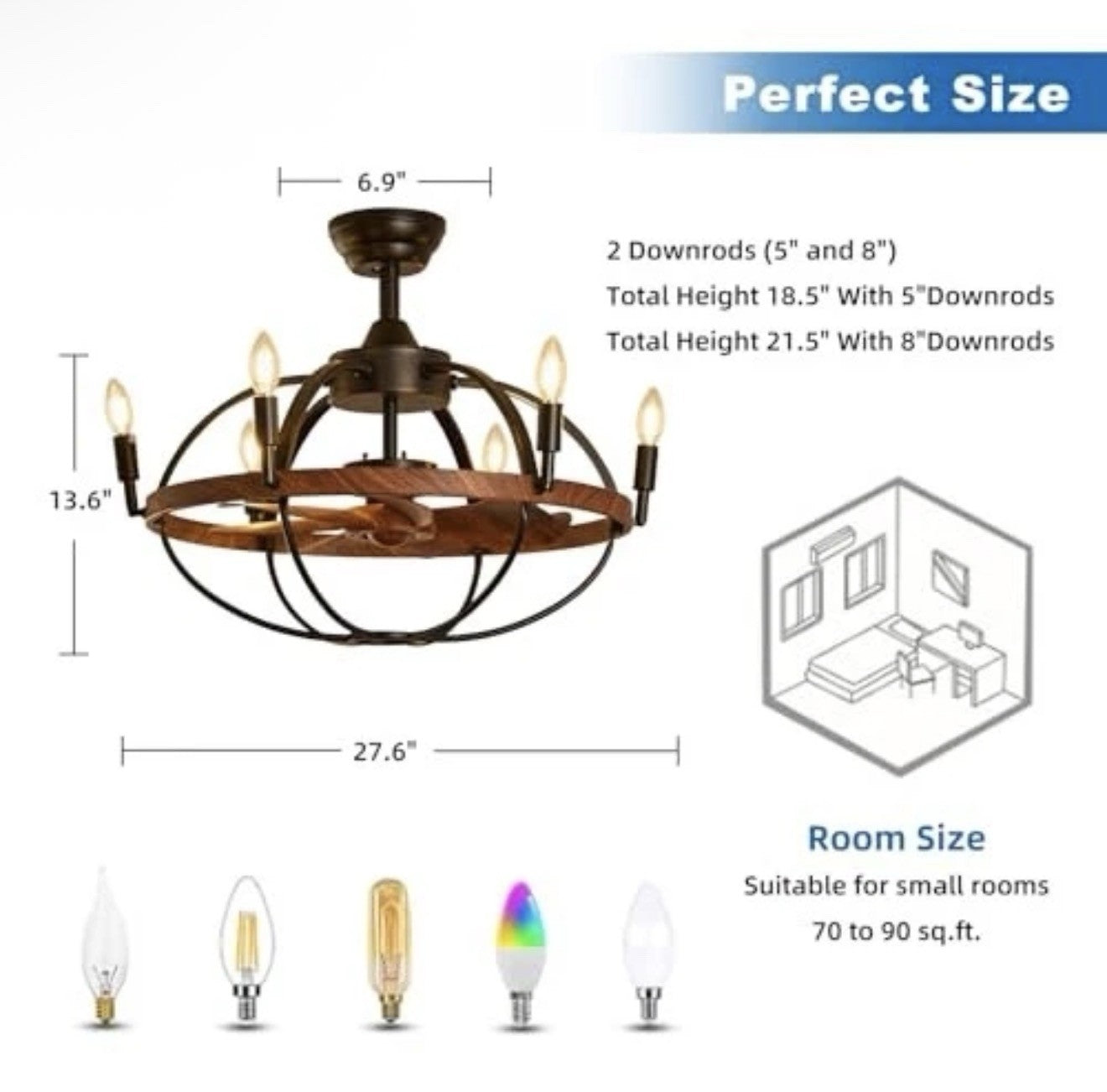 27.6" Farmhouse Ceiling Fan with Light and Remote Control, Vintage Cage Candle